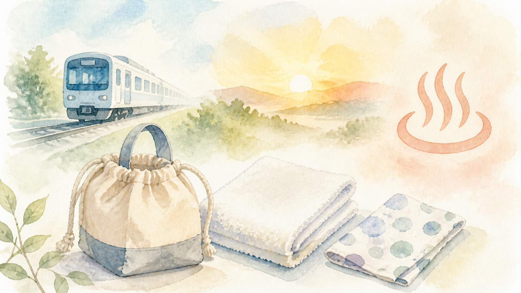 朝の電車移動と日帰り温泉をイメージした旅行用品の手描き図
