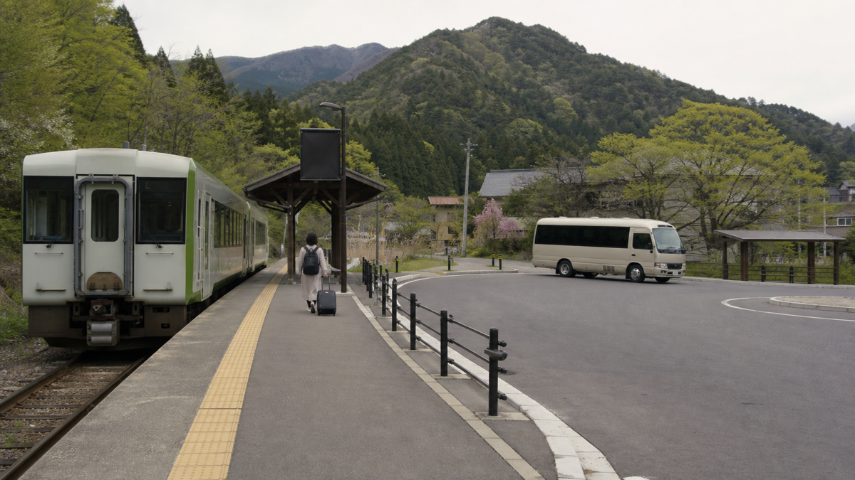 電車を降りた旅行者が駅前の送迎バスへ向かうイメージ