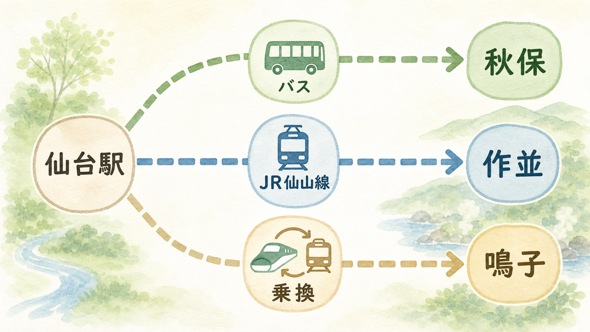 仙台駅から秋保・作並・鳴子へ向かう公共交通の簡略アクセス図