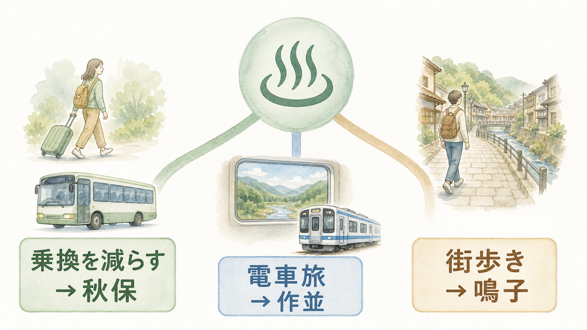 乗換の少なさ、電車旅、温泉街歩きの希望から候補を絞る図解