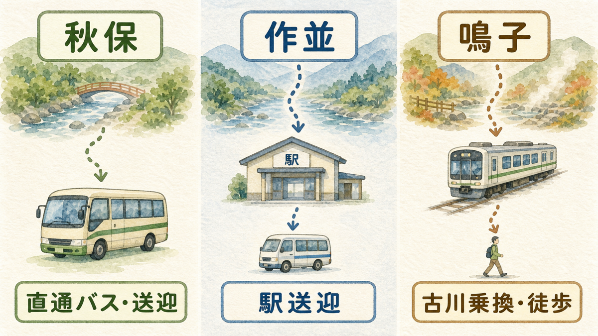 秋保・作並・鳴子の最後の移動方法を3列で比べる図解