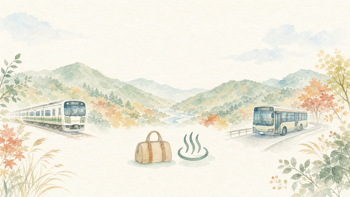 仙台駅から電車とバスで温泉へ向かう旅のイメージイラスト
