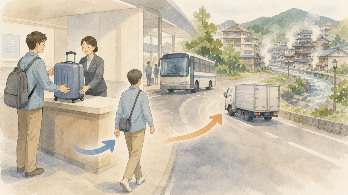 駅で荷物を預け、身軽になって温泉街へ向かう旅行者の概念図
