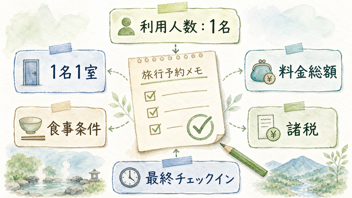 宿の予約で利用人数を1名に設定し、食事・料金・諸税・最終チェックインを確認する手順図
