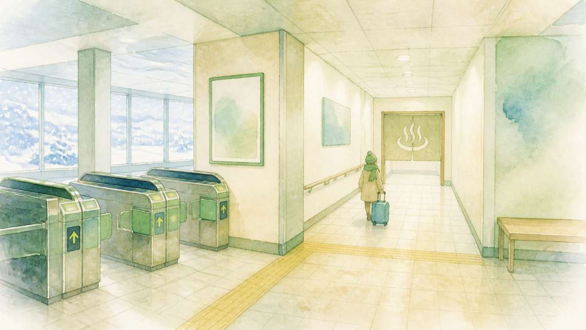 駅舎内を短く移動して日帰り温泉へ向かう旅行者の概念イラスト