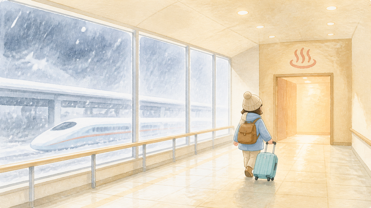 雨の外へ出ずに駅構内を通って温泉へ向かう旅行者の概念図