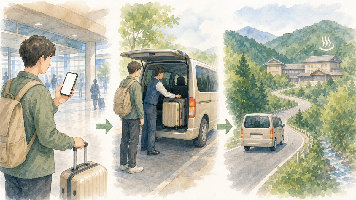 駅で予約済み送迎車に乗り、温泉宿へ向かう流れを表したイラスト