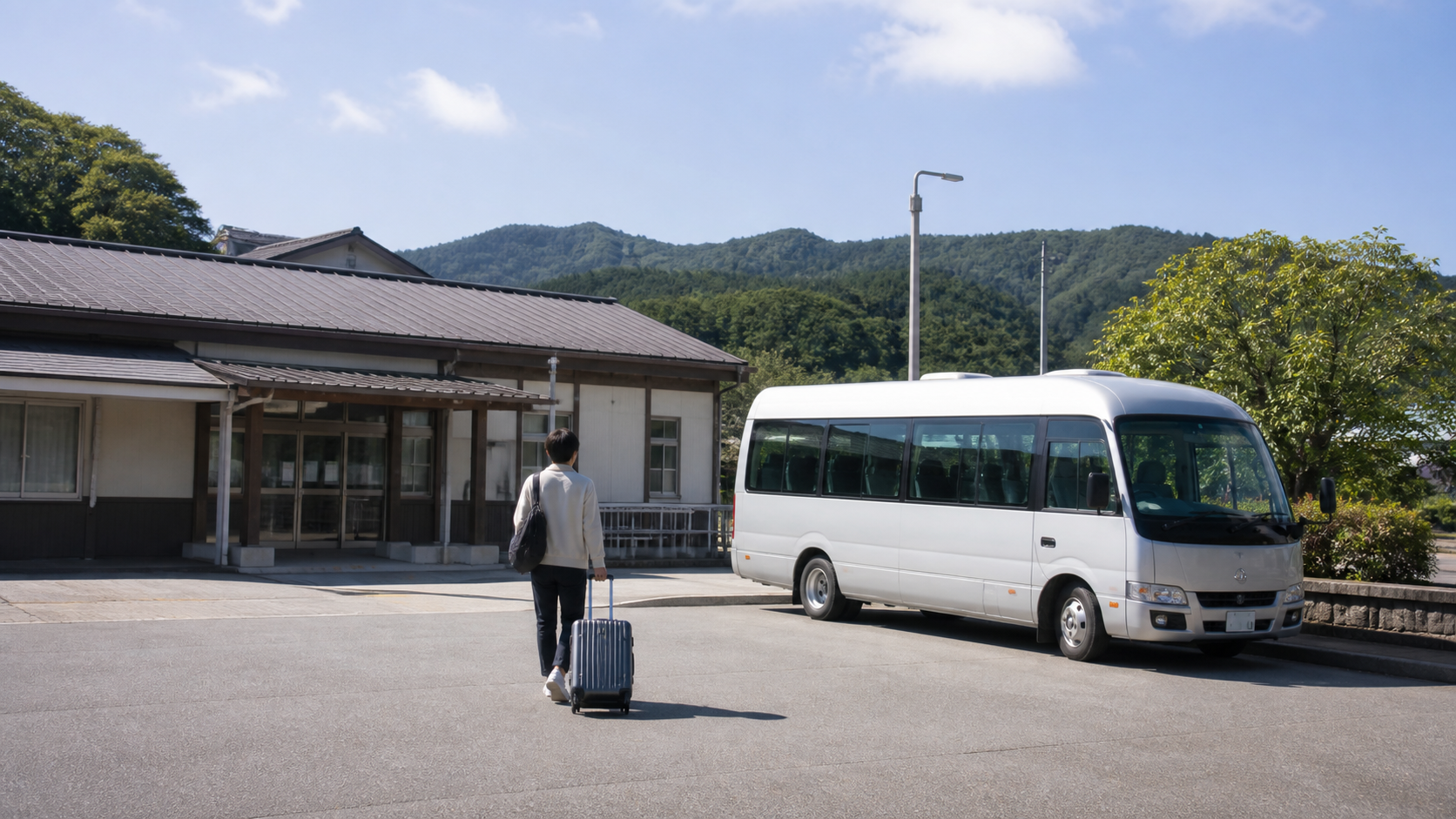 小さな駅前で旅行バッグと送迎ミニバスが見えるイメージ