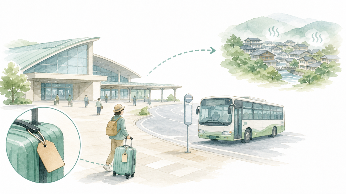 駅前で荷物を整え、バスで温泉街へ移動する旅行のイメージ