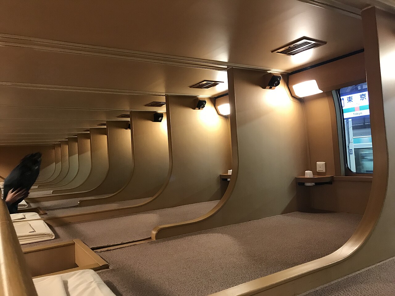 サンライズ出雲のノビノビ座席上段に横長の床面が並ぶ実際の車内