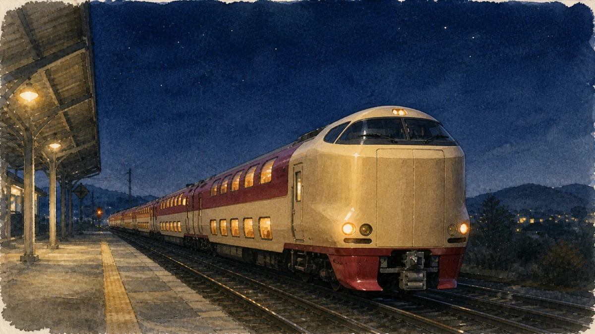背の高い明るい車体と赤系の窓まわりを持つ寝台電車が夜のホームを離れるイラスト