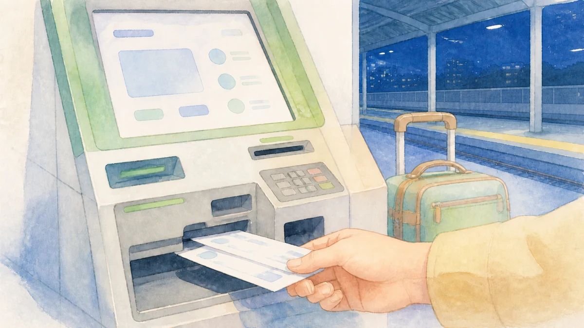 駅の指定席券売機で紙のきっぷを受け取る旅行者の手元のイラスト