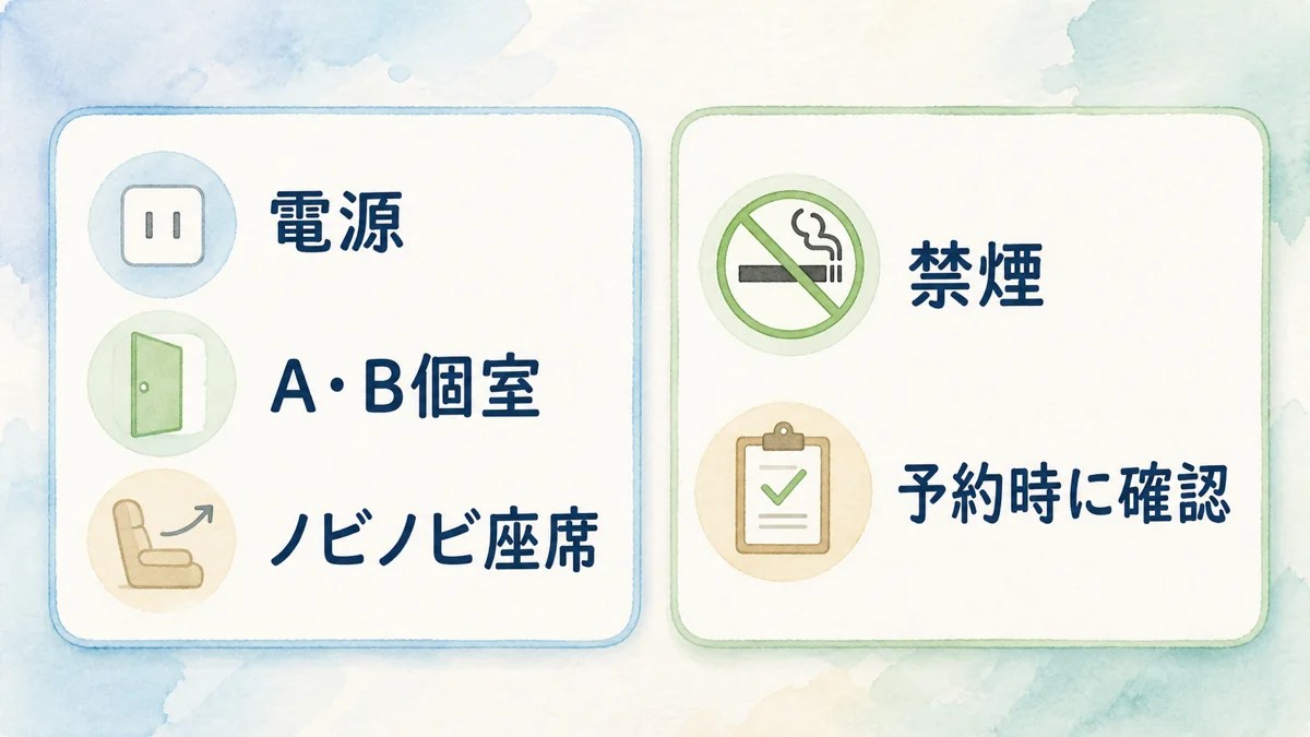 サンライズの電源条件と禁煙条件を予約前に分けて確認する図