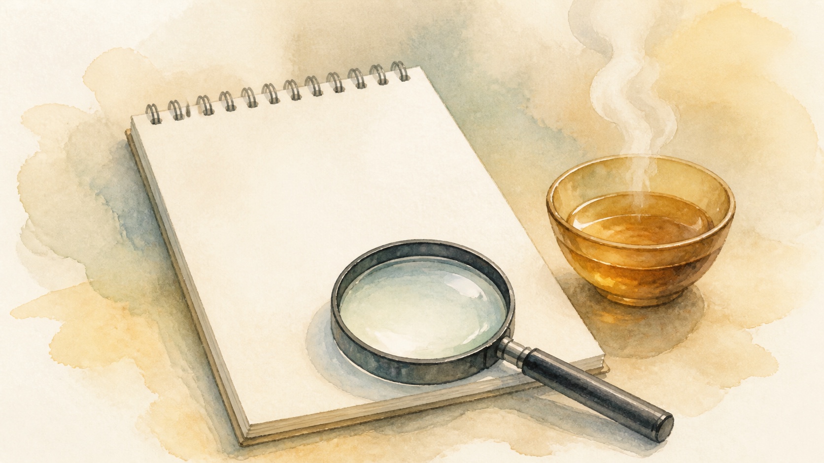第三者調査の資料と琥珀色の湯を表した手描きイメージ