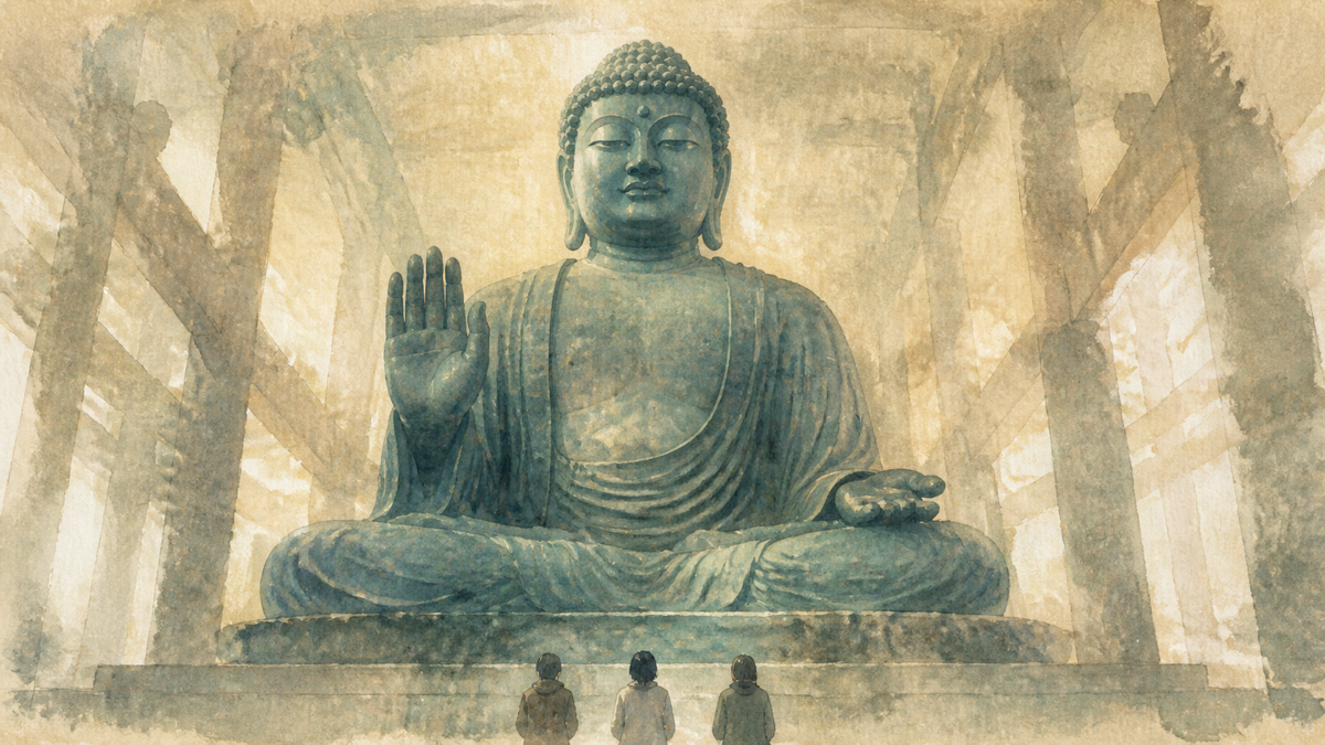 東大寺の大仏の大きさを小さな参拝者との対比で伝える手描きイラスト