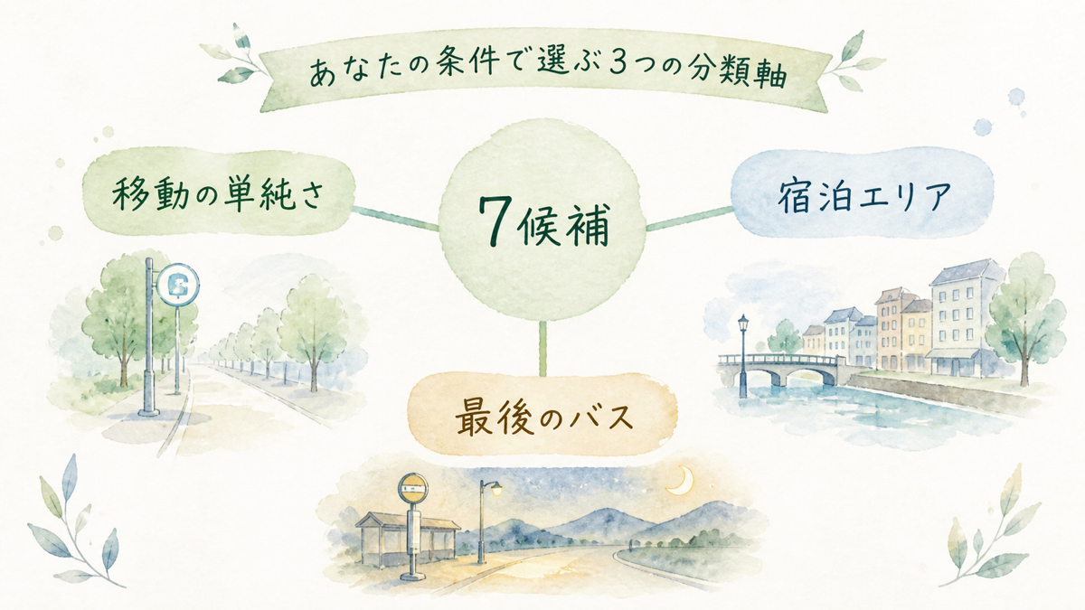 7つの温泉地候補を移動条件の3タイプに分ける最終選択図