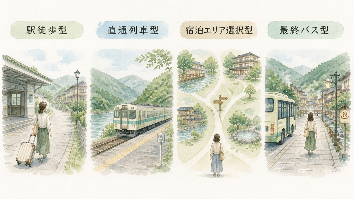 7温泉地を駅徒歩型など4タイプに分けた比較図