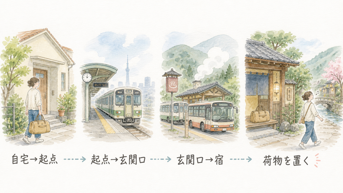 自宅から宿に荷物を置くまでを3区間で示した車なし旅行の流れ