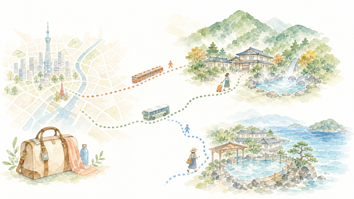 東京から電車とバスで温泉地へ向かう1泊2日の車なし旅行イラスト