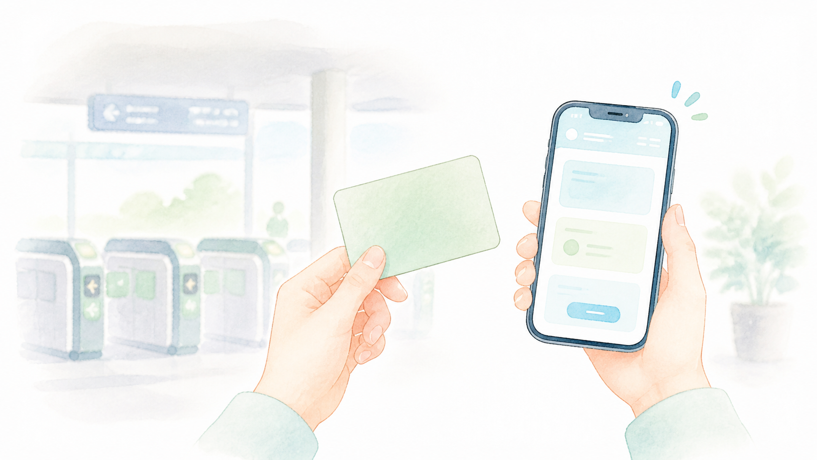 交通系ICカードとスマートフォンの予約画面を出発前に確認するイメージ