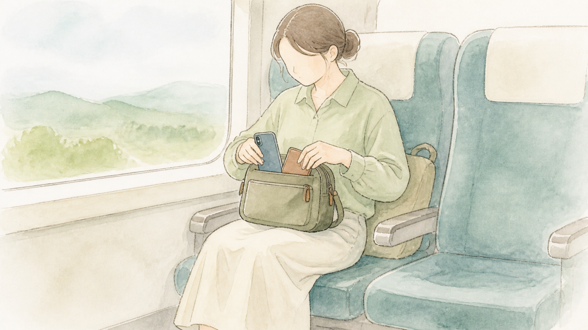 電車内で手元バッグの外ポケットから小物を取り出すイラスト