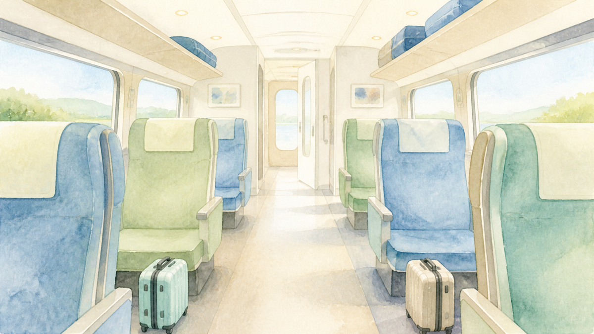 電車内でスーツケースを通路を塞がない位置に置くイメージ