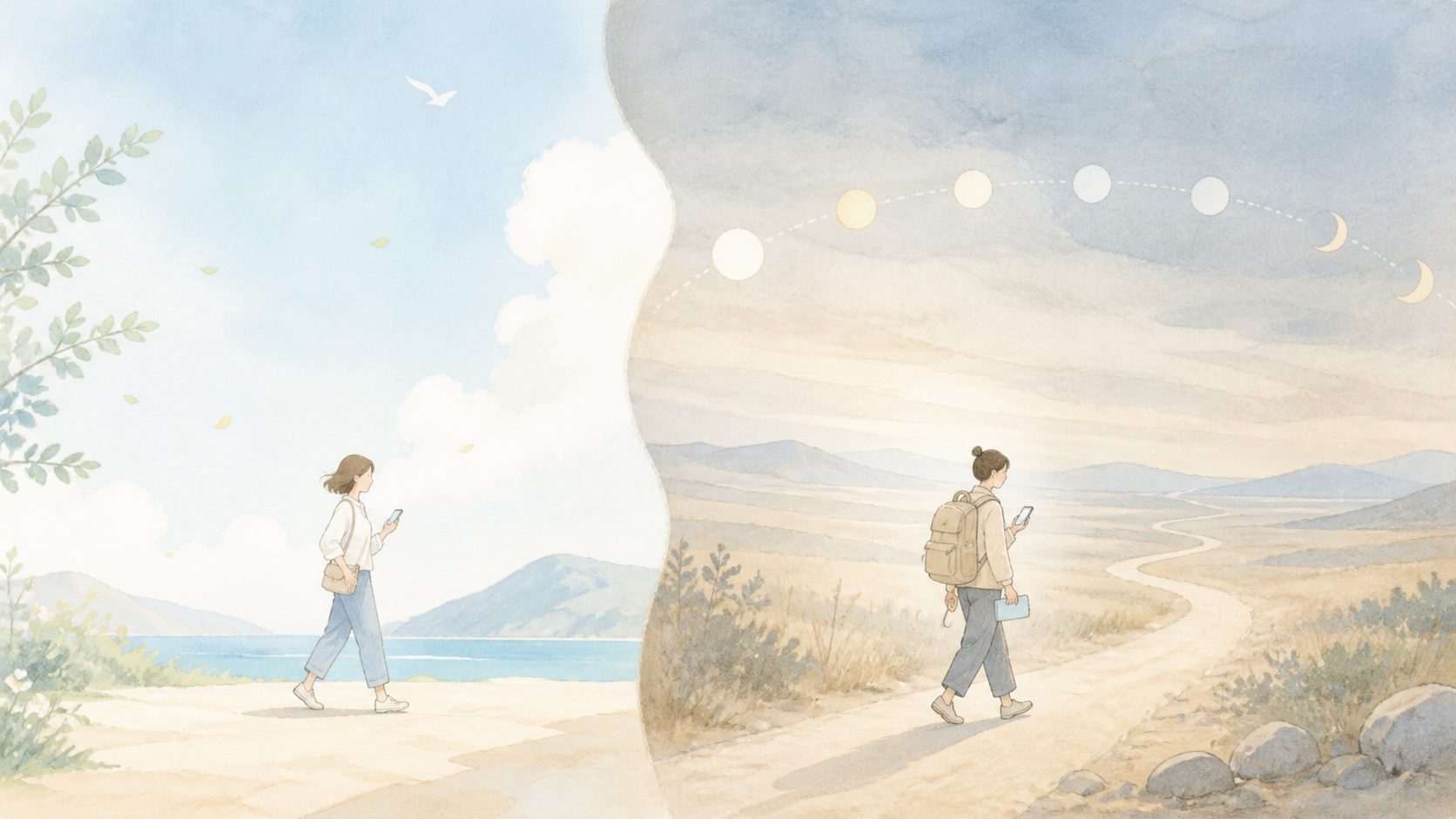 電車旅行でモバイルバッテリーが必要かどうかを考えるイメージイラスト