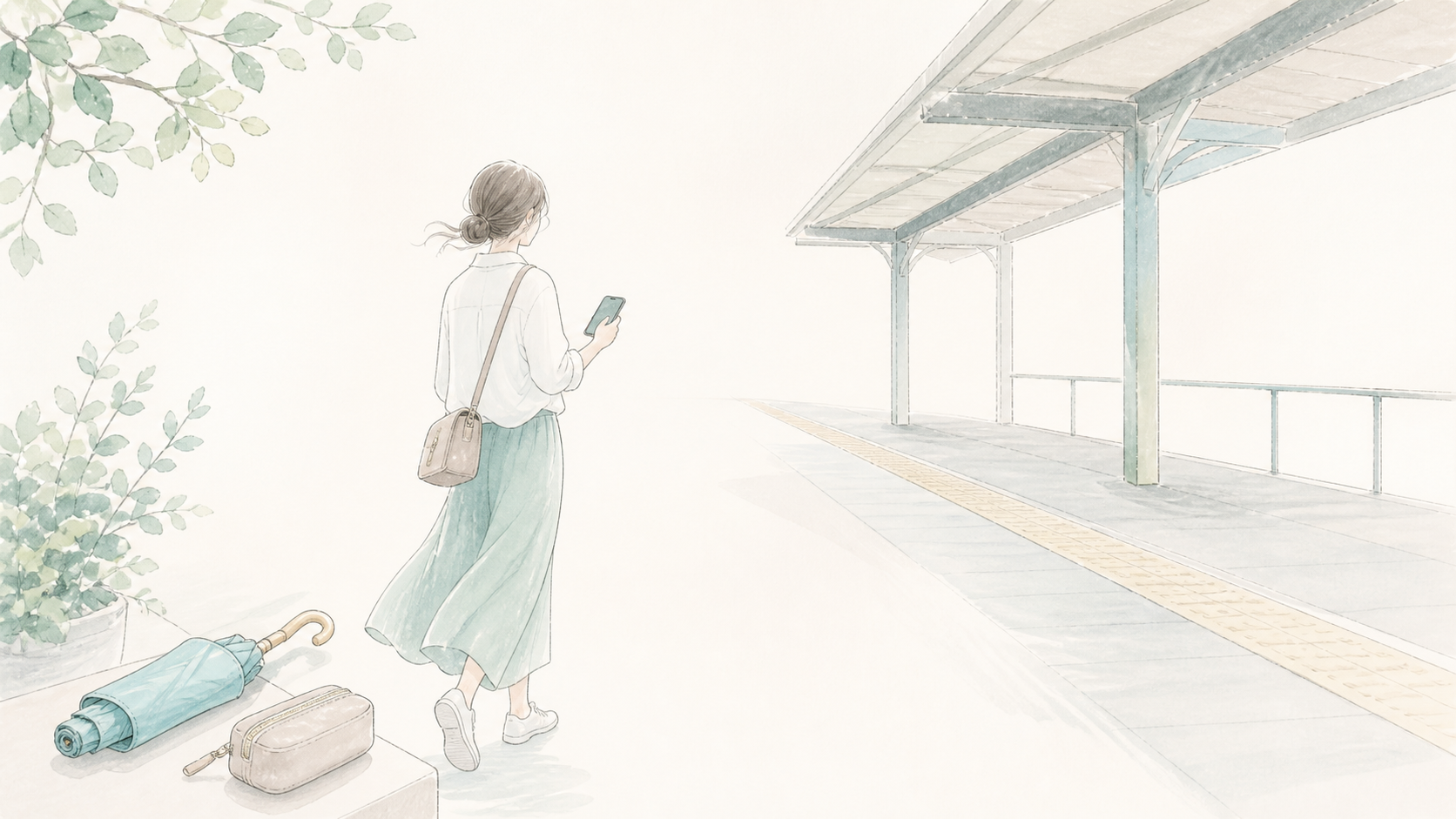 持ち物が整って電車旅行へ気持ちよく出発するイメージイラスト