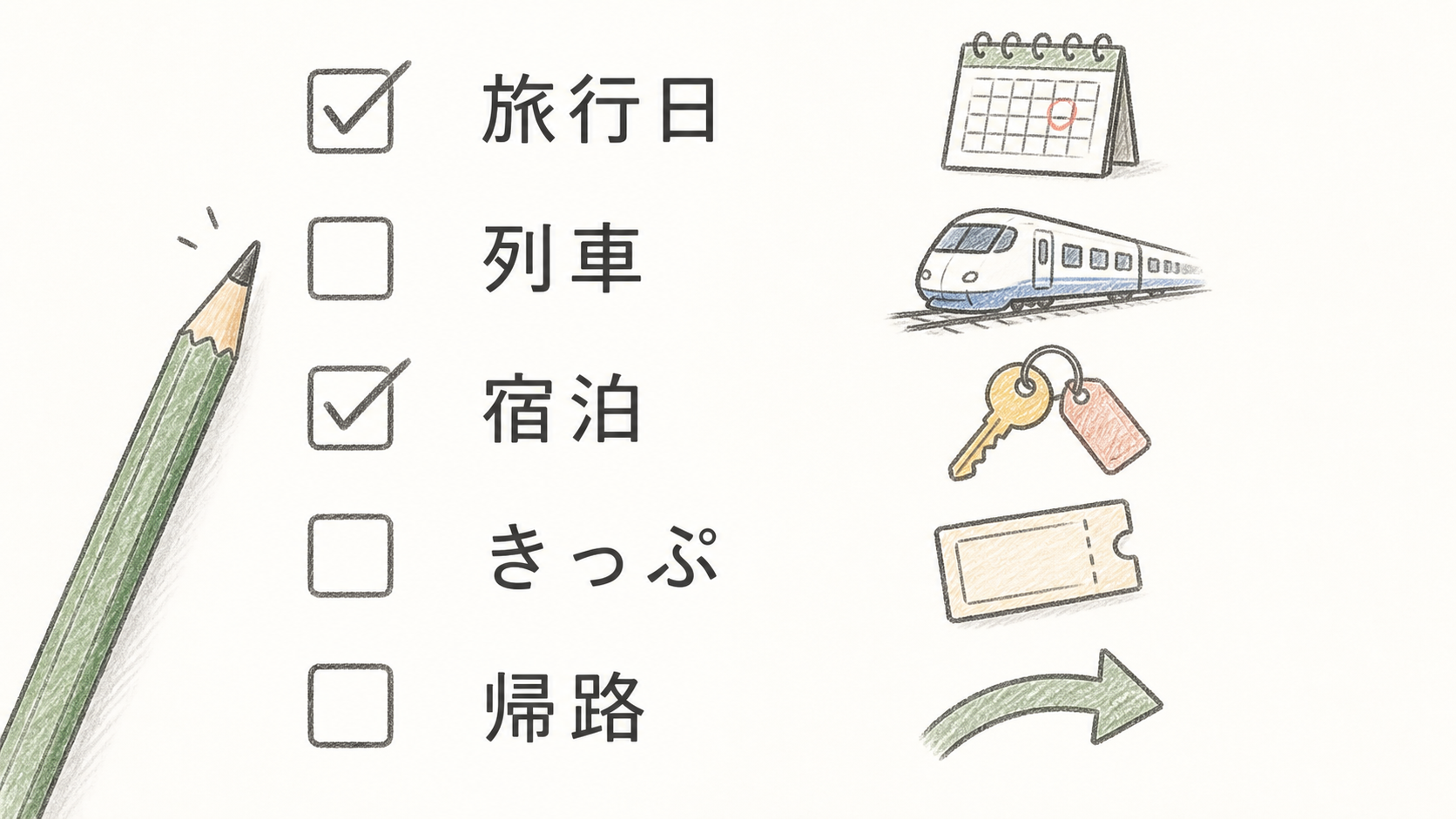 四国電車旅の予約前に旅行日・列車・宿泊・きっぷ・帰路を確認する手順図