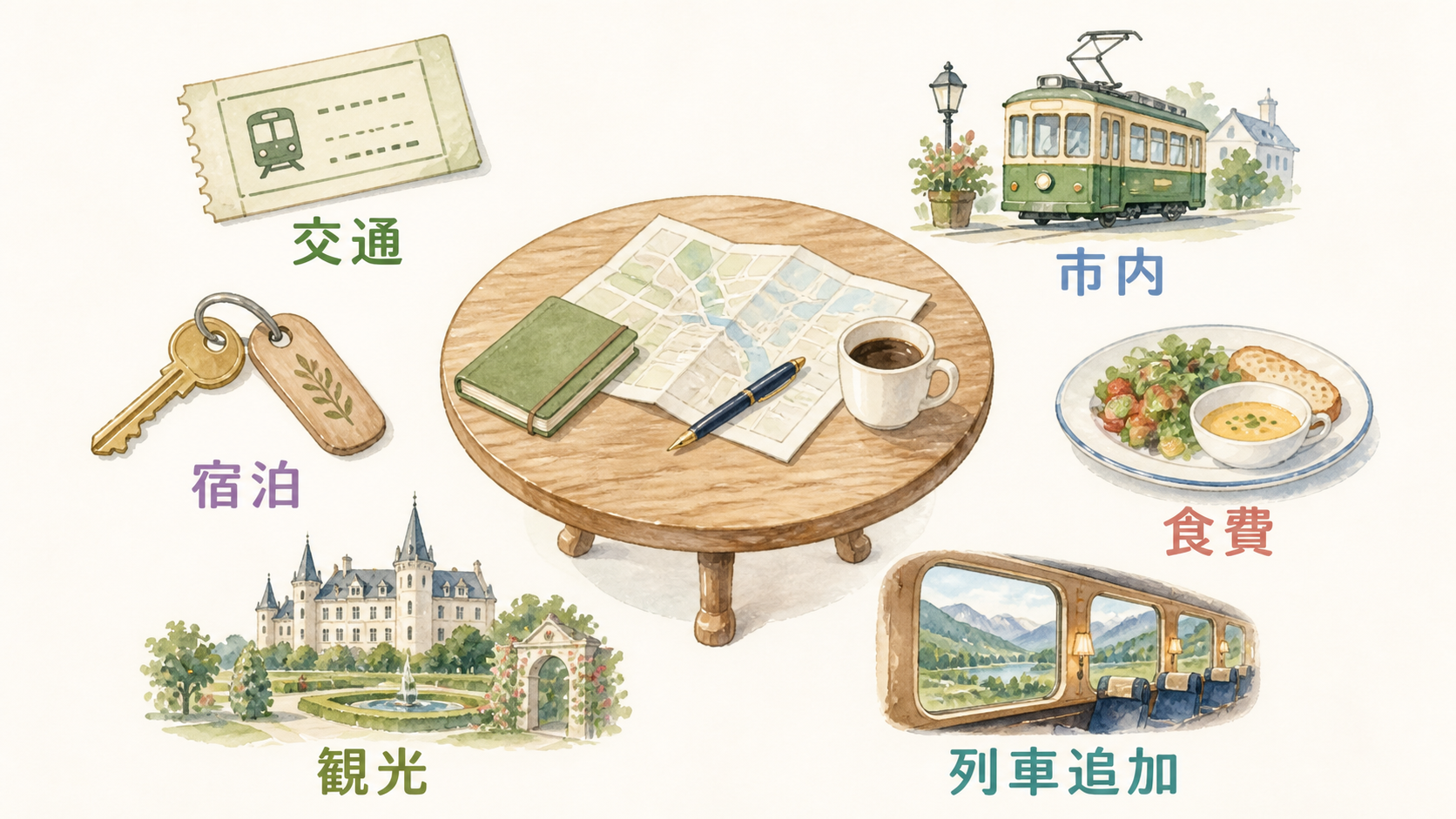 四国電車旅2泊3日の予算を6項目に分けて考える手描き図解