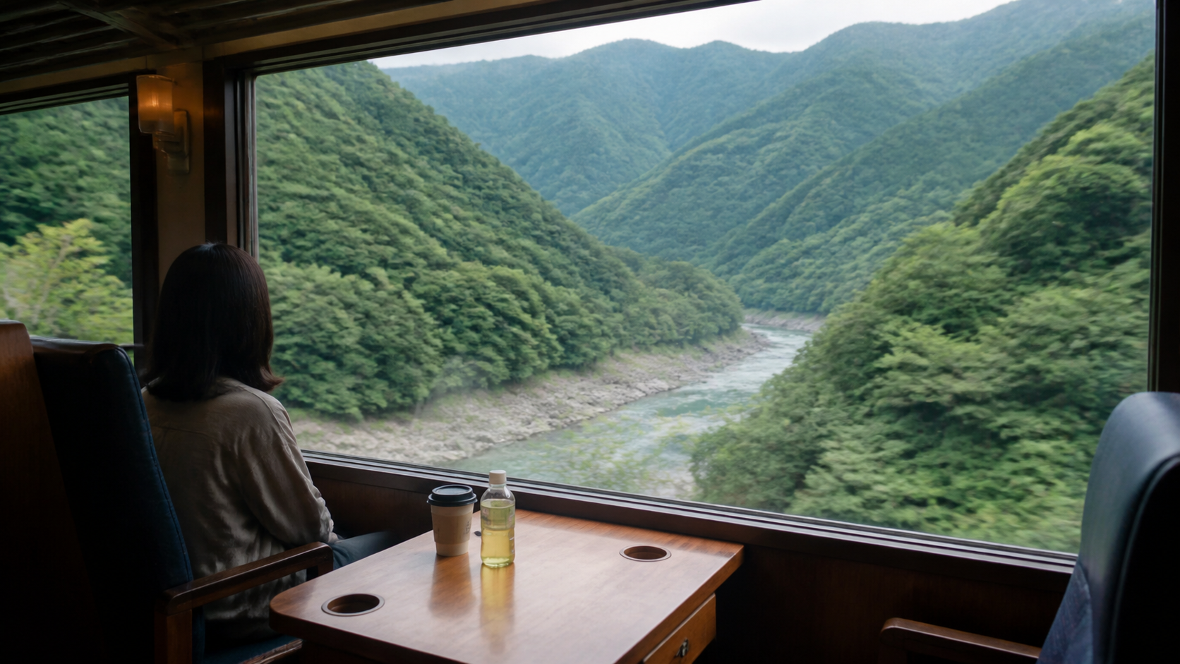 川沿いの景色を眺めながら列車の座席で過ごす旅のイメージ