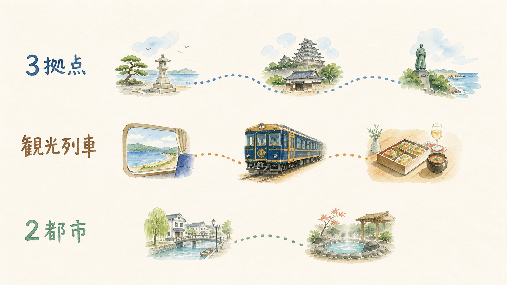 四国電車旅2泊3日の3モデルを比較する手描き図解