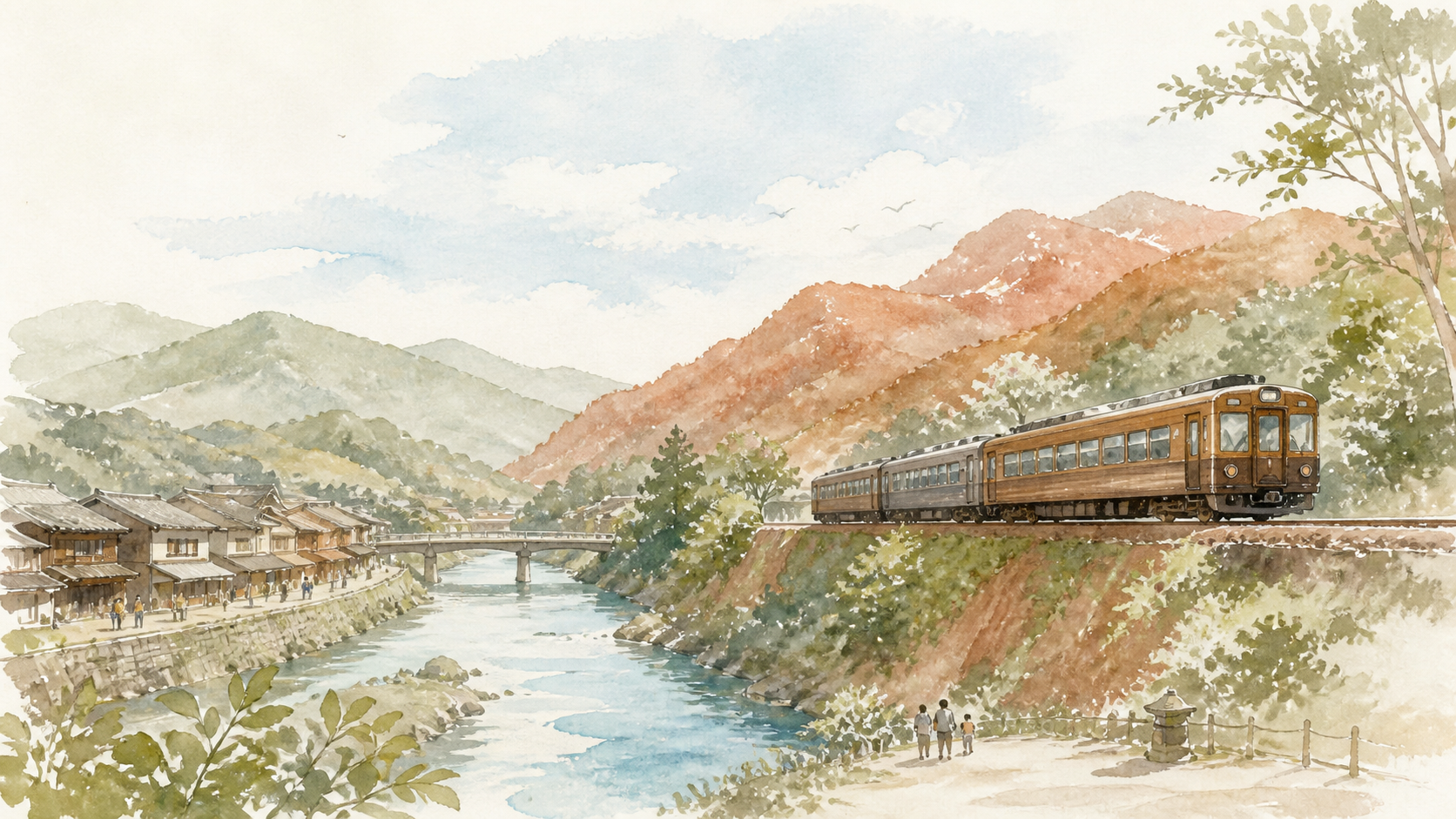土佐の山や川を走る観光列車と歴史を感じる旅のイメージイラスト