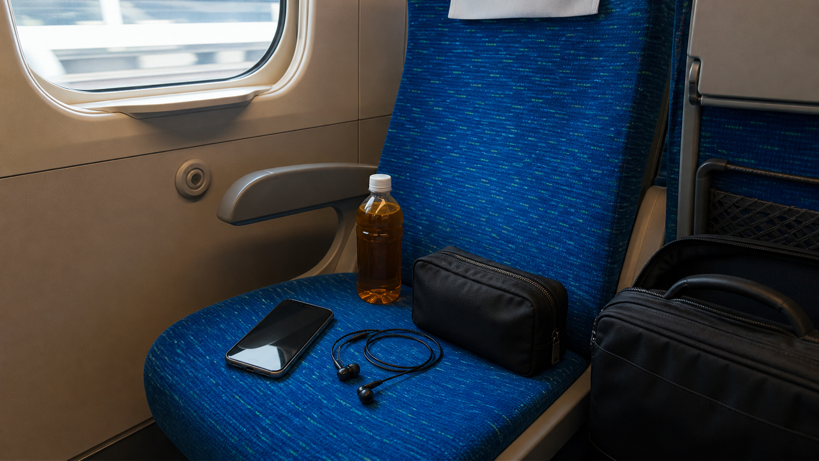 新幹線の座席で手元に置いたスマートフォンや飲み物やイヤホン