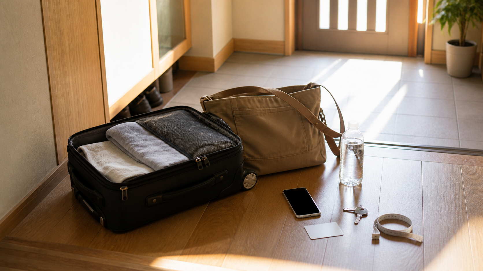玄関前でスーツケースや手元バッグやスマートフォンを確認する出発前の準備
