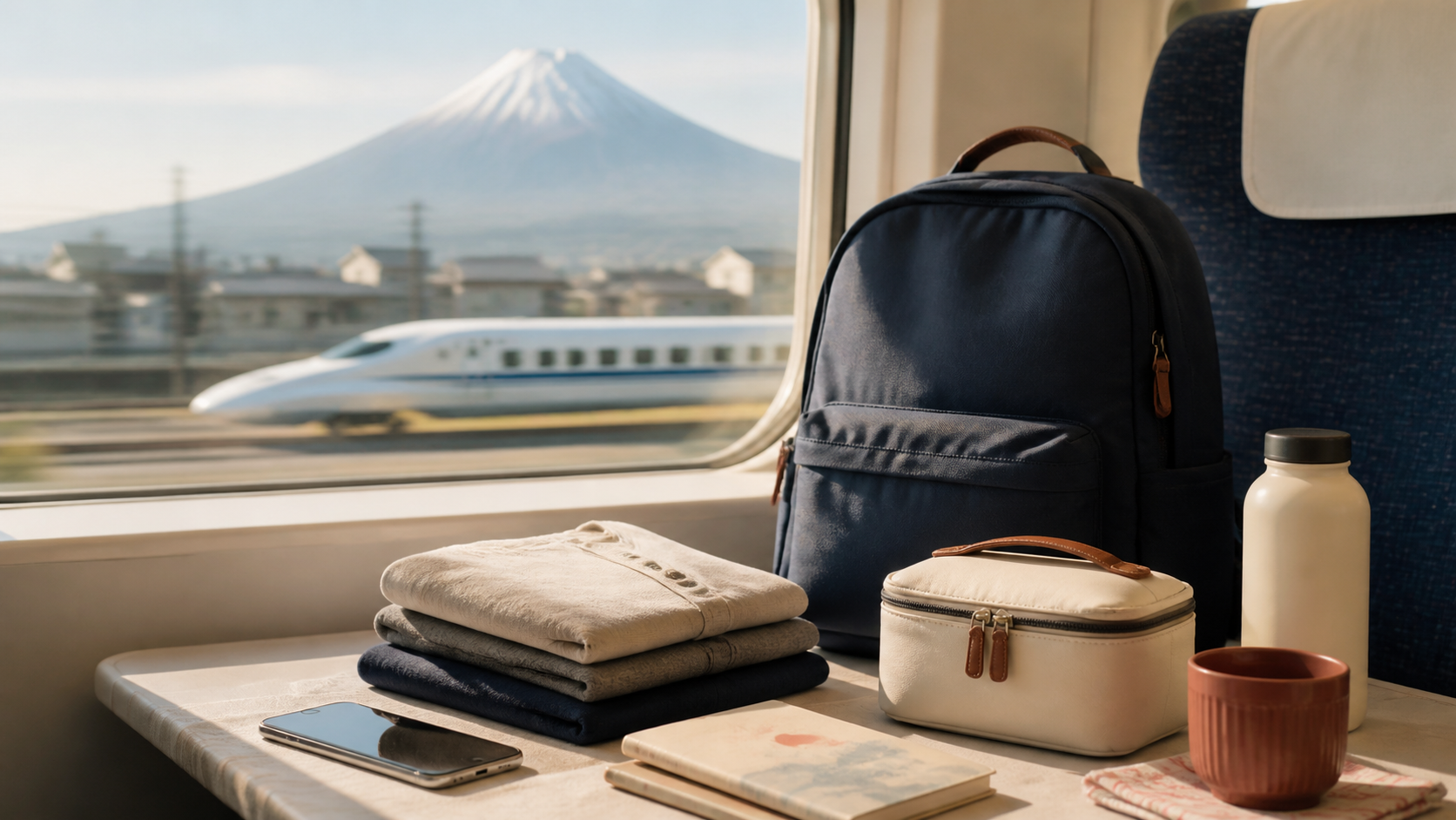 新幹線の車内でリュックや衣類を整えた旅行準備のイメージ