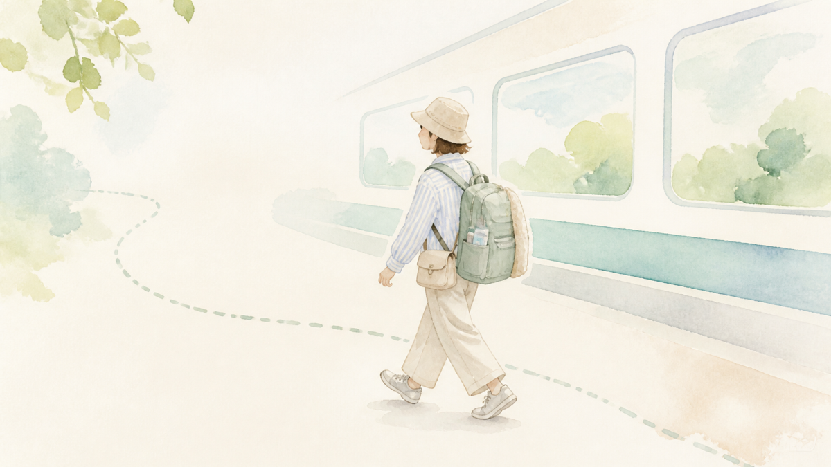 電車旅行用の手元バッグと本体バッグを分けて準備するイメージイラスト