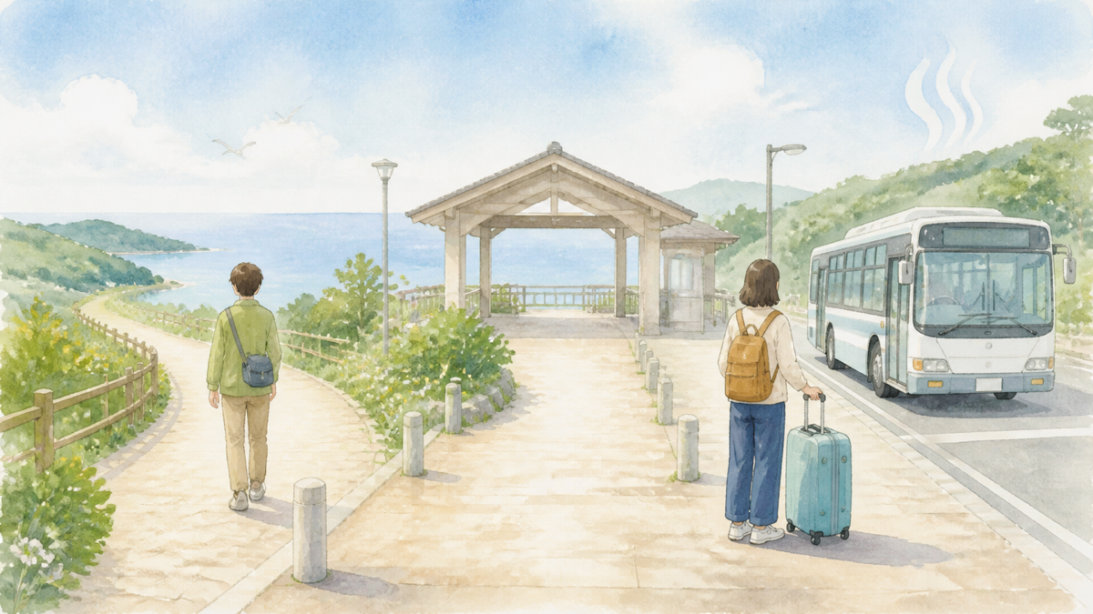 小さな荷物で歩く日帰り旅とバスで宿泊先へ向かう旅を並べたイメージ