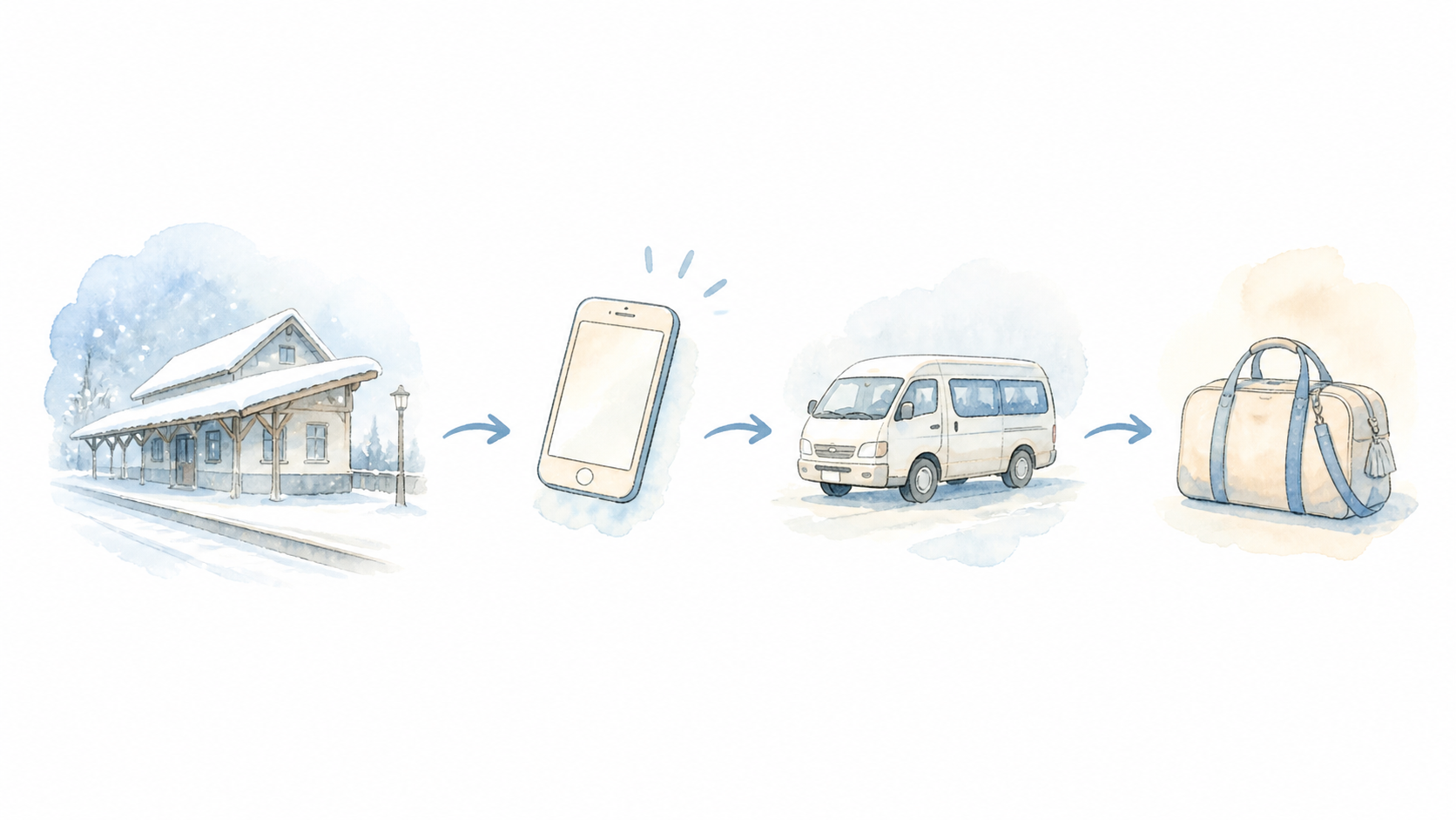 冬の駅から予約済みの送迎車へ向かう概念イラスト