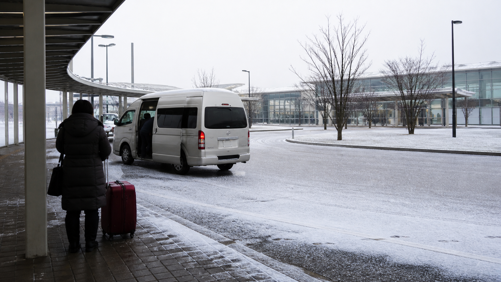 雪の駅前で無地の送迎ミニバスを待つ冬の旅行イメージ