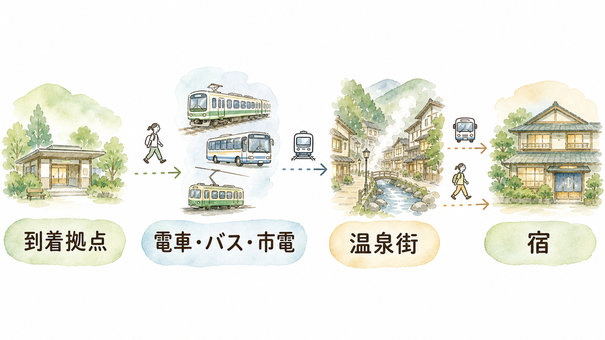 到着拠点から電車・バス・市電を経て温泉街と宿へ向かう4段階フロー