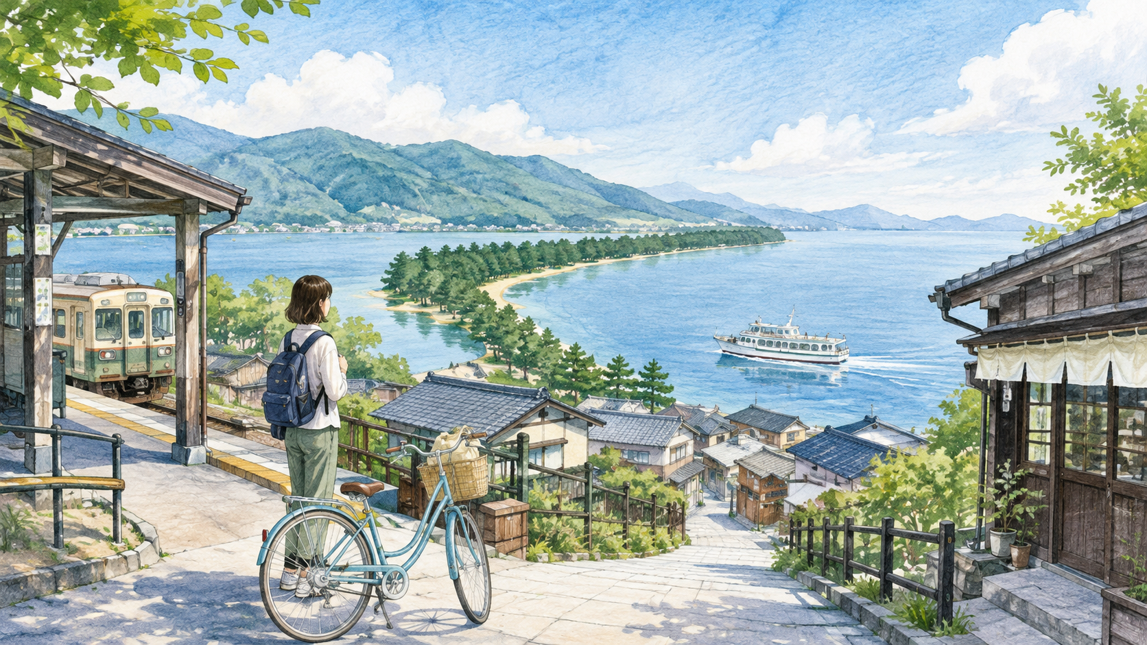 駅前から自転車や観光船で松並木と海の景色を楽しむ天橋立旅行のイメージ
