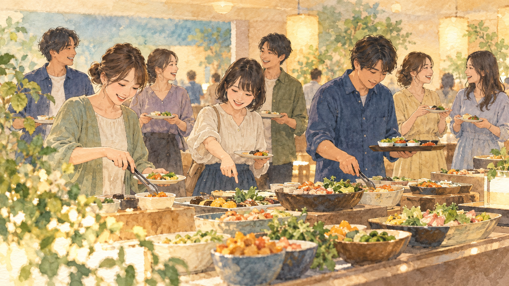 仲間がそれぞれ料理を選ぶブッフェの水彩イラスト