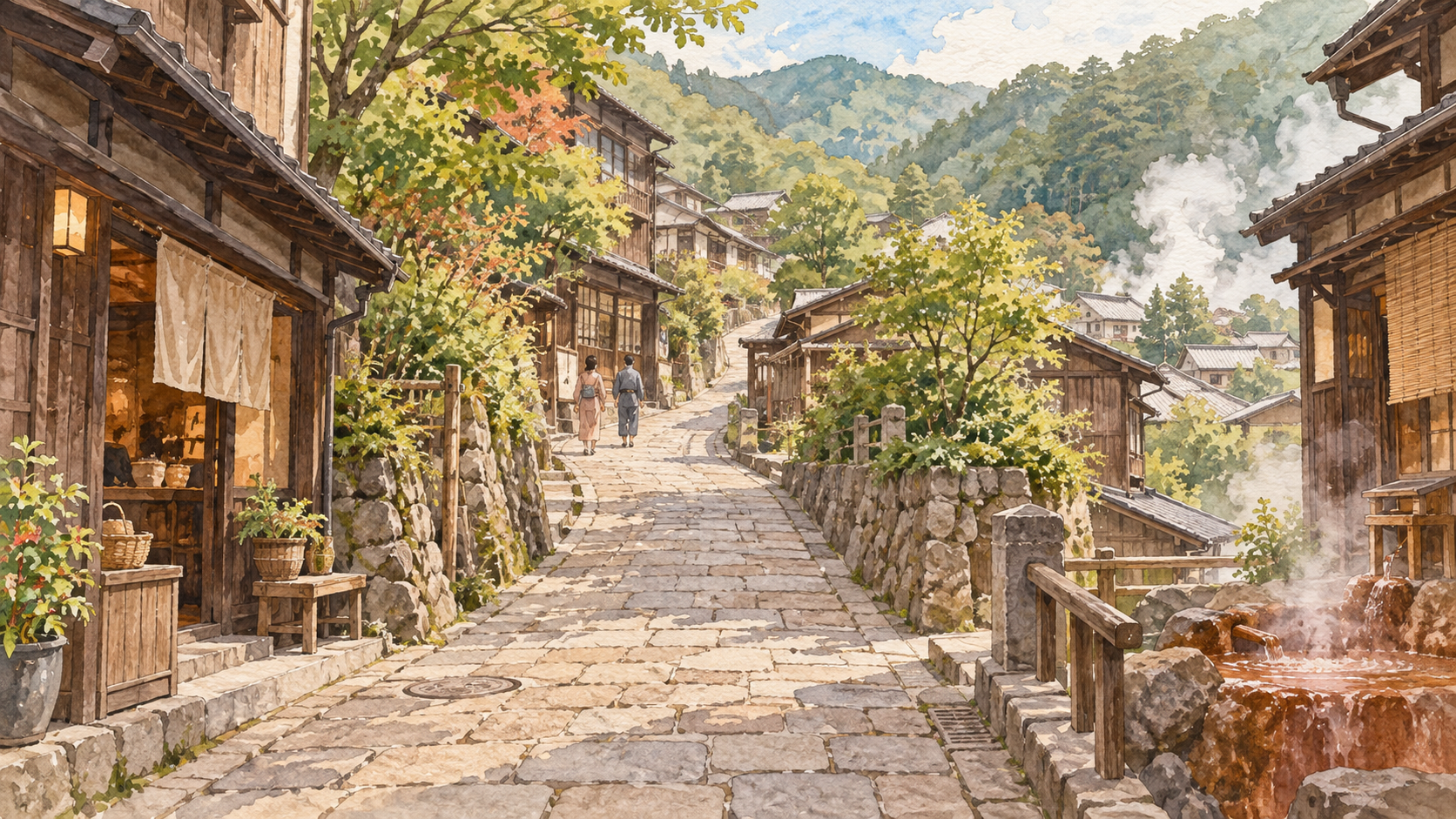 山あいの坂道沿いに店が並ぶ有馬温泉街の手描きイラスト