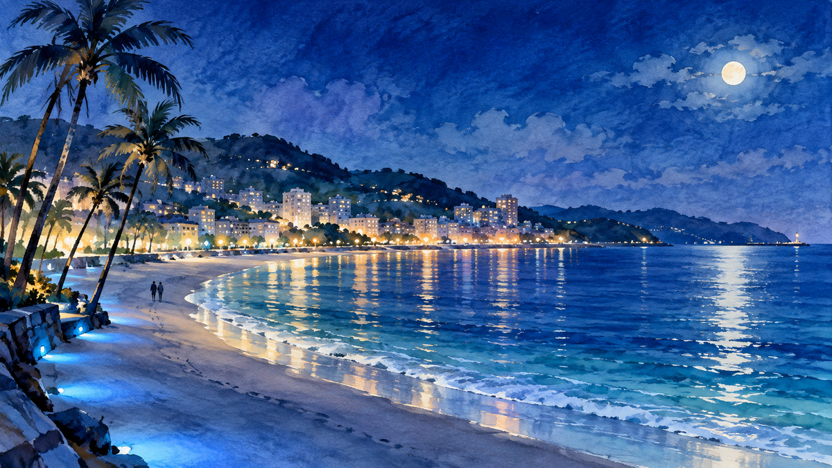 青い光に照らされた砂浜とヤシの木を描いた夜の海辺の水彩イラスト
