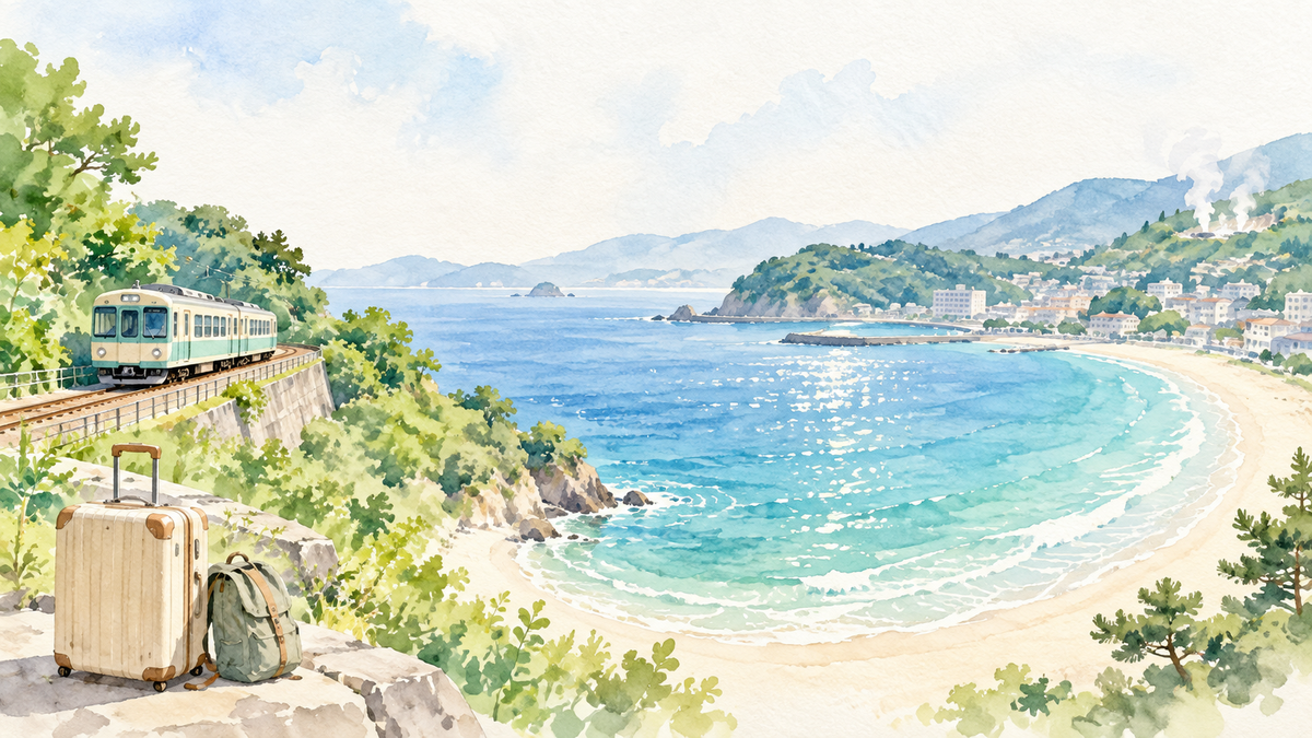 電車で熱海へ向かい海辺で過ごす1泊旅行を描いた水彩イラスト