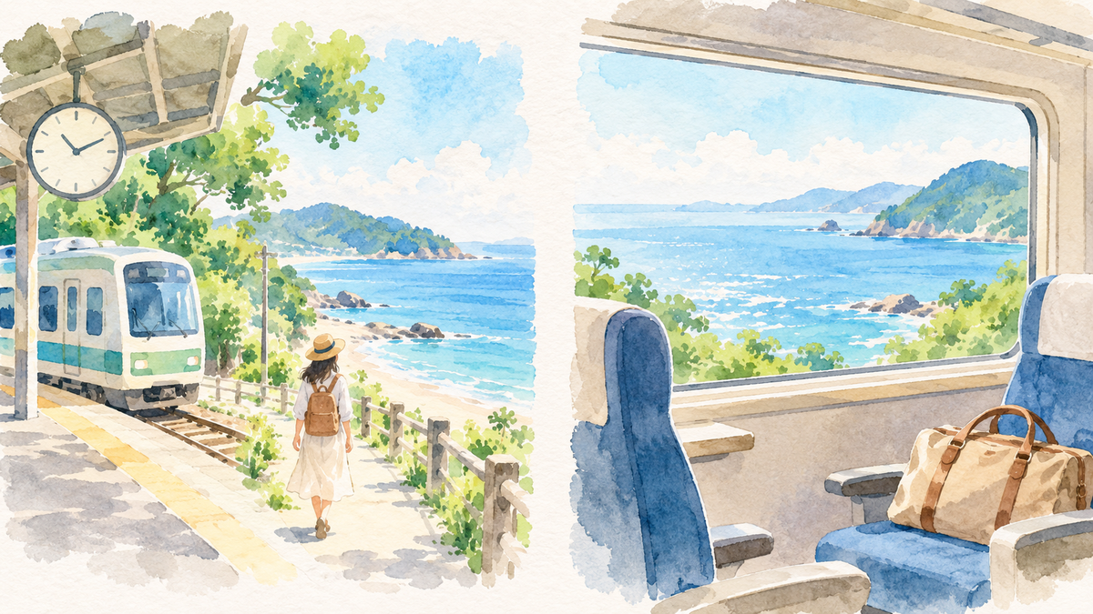 到着時間を重視する旅と車窓を楽しむ旅を並べた電車の概念イラスト