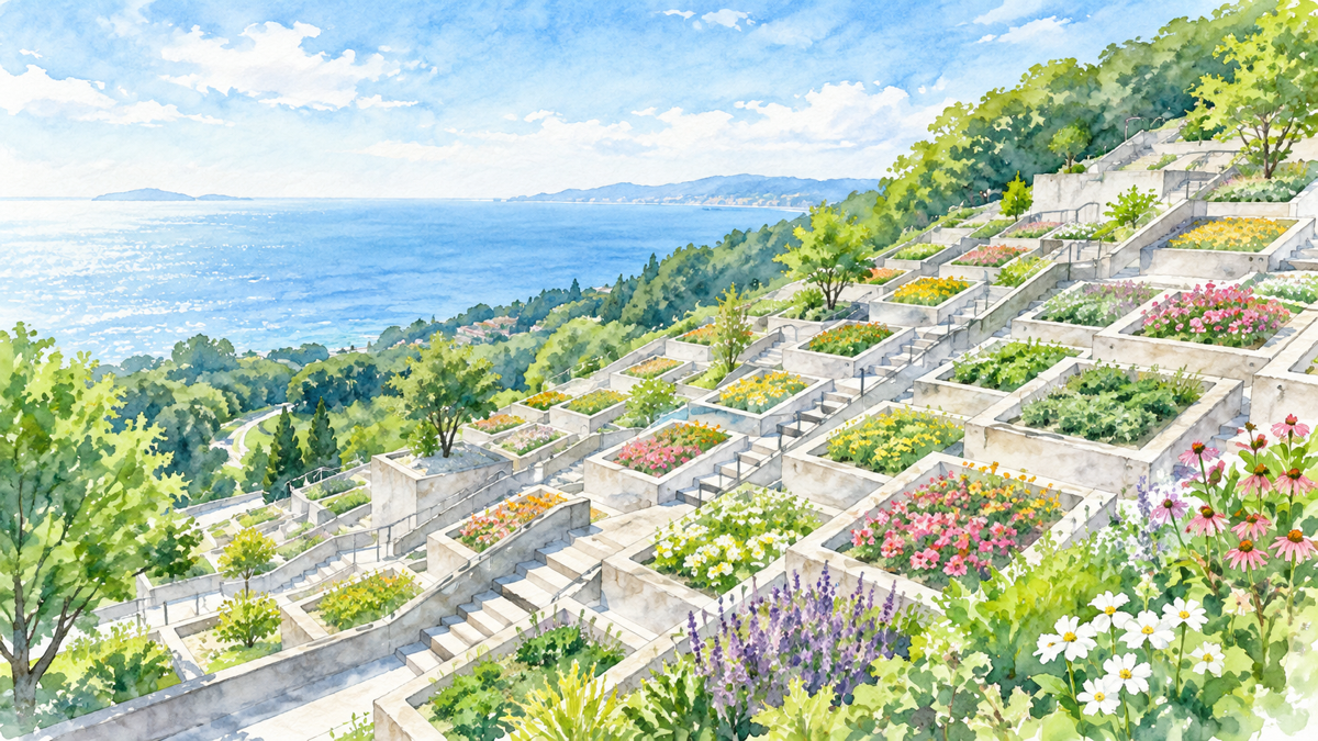 階段状の花壇と海を望む淡路夢舞台の百段苑の水彩イラスト