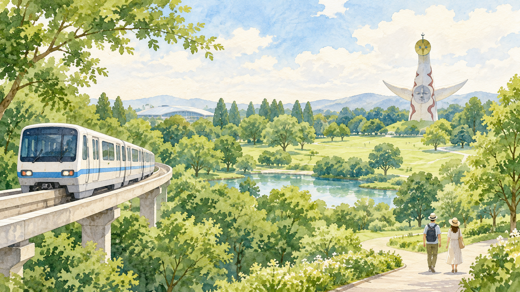 モノレールで万博記念公園へ向かい緑の園内を歩く休日を描いた水彩イラスト