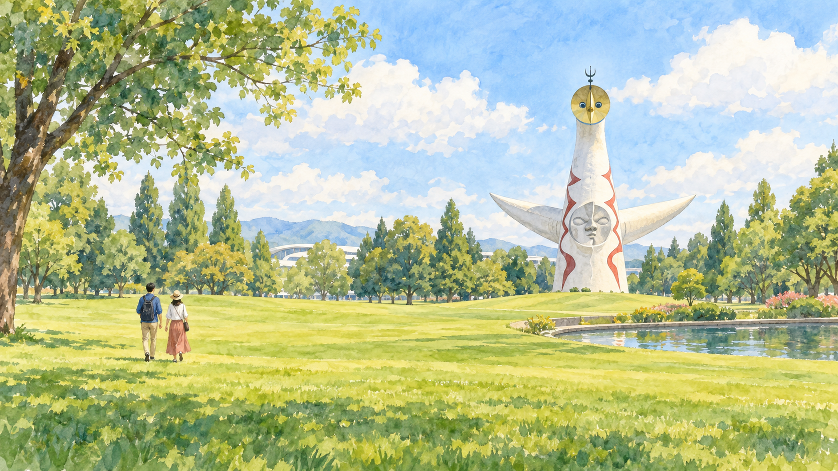 広い芝生と塔を遠景に、万博記念公園で半日散策する様子を描いたイラスト